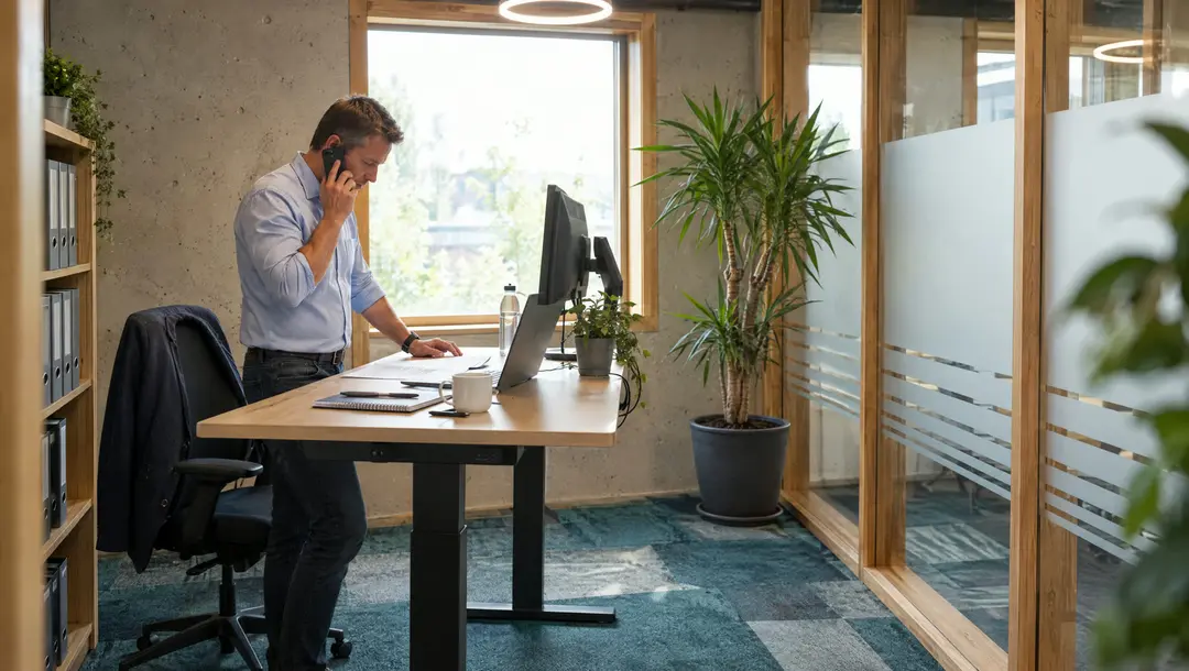 Vertriebsmitarbeiter telefoniert am Schreibtisch in seinem Büro