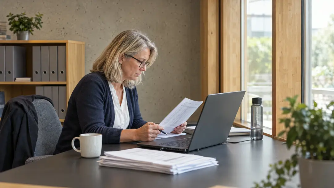 Mitarbeiterin aus dem Finanzteam gleicht einen Ausdruck mit dem Laptop ab