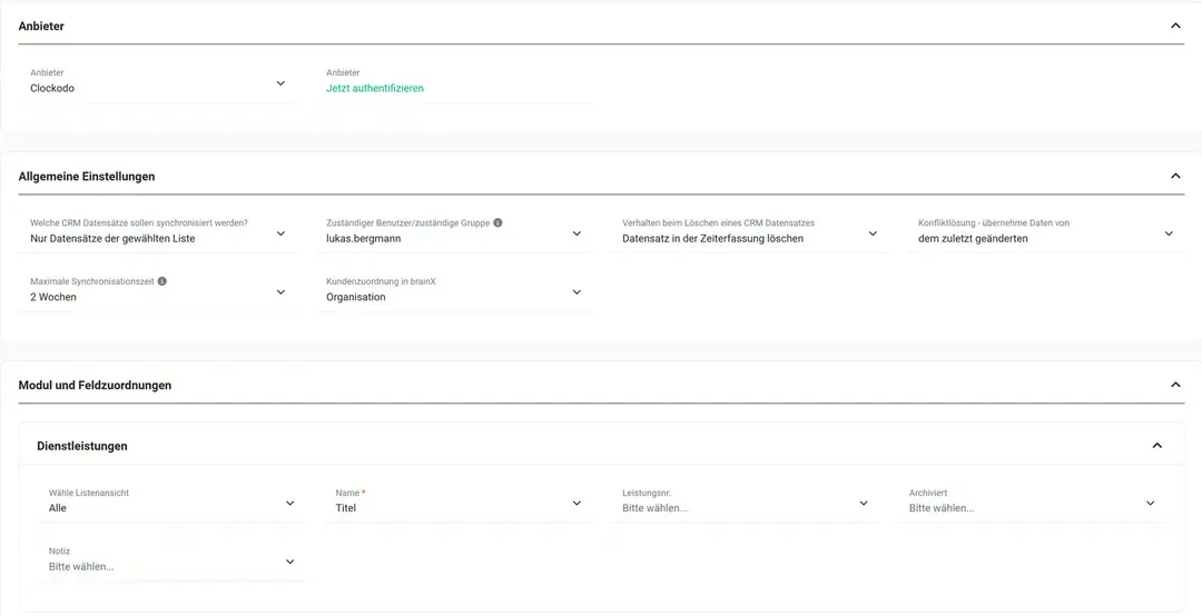 Zeiterfassung mit Anbieter Clockodo und Link „Jetzt authentifizieren“; allgemeine Einstellungen: nur Datensätze der gewählten Liste, zuständig lukas.bergmann, beim Löschen den Datensatz in der Zeiterfassung löschen, Konfliktlösung „dem zuletzt geänderten“, maximale Synchronisationszeit 2 Wochen, Kundenzuordnung Organisation