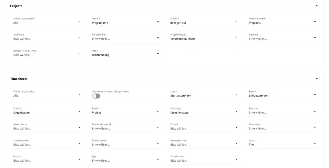 Feldzuordnungen für Projekte (Projektname, Kunde „bezogen auf“, Projektnummer, Projektbudget „Volumen (Stunden)“, Notiz „Beschreibung“) und für Timesheets (Start, Ende, Kunde „Organisation“, Projekt, Leistung „Dienstleistung“, Notiz „Titel“); weitere Felder wie Stundensatz noch ohne Zuordnung