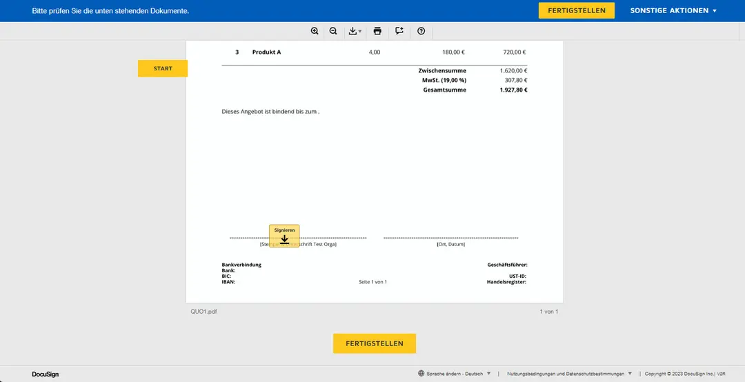 Unterschriftsansicht von DocuSign: Hinweis „Bitte prüfen Sie die unten stehenden Dokumente“, Angebot mit Summen, gelbes Feld „Signieren“ an der Unterschriftslinie, Knöpfe START und FERTIGSTELLEN