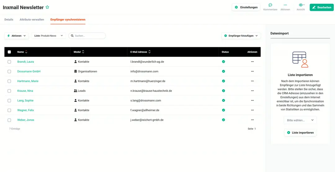 Reiter „Empfänger synchronisieren“ mit Liste „Produkt-News“: sieben Empfänger aus Kontakten, der Organisation Drossmann GmbH und dem Lead Nina Krause, mit Firmenadressen und grünem Häkchen
