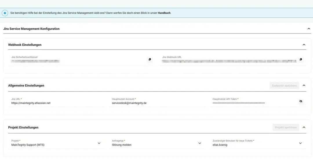 Konfiguration von Jira Service Management: Webhook-Einstellungen mit unkenntlichem Sicherheitsschlüssel und Webhook-URL, allgemeine Einstellungen mit Jira URL https://maintegrity.atlassian.net, Hauptnutzer Account servicedesk@maintegrity.de und verdecktem API-Token, darunter die Projekteinstellungen