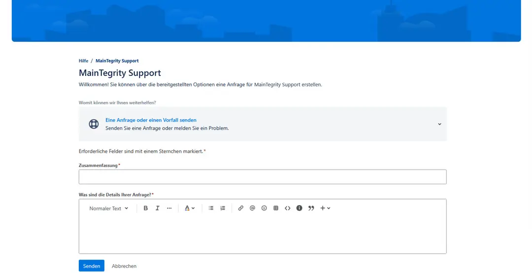 Kundenportal „MainTegrity Support“ von Jira Service Management mit der Option „Eine Anfrage oder einen Vorfall senden“, leeren Feldern für Zusammenfassung und Details und den Knöpfen Senden und Abbrechen