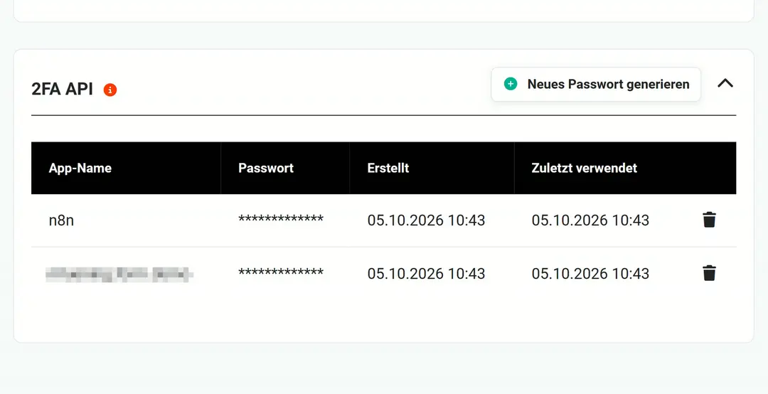 Block „2FA API“ mit Knopf „Neues Passwort generieren“ und Tabelle App-Name, Passwort, Erstellt, Zuletzt verwendet: Zeile „n8n“ mit verdecktem Passwort vom 05.10.2026 10:43, zweite Zeile unkenntlich