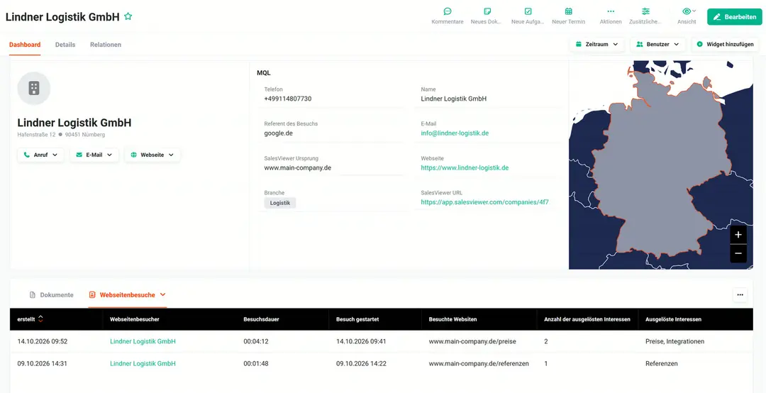MQL Lindner Logistik GmbH, Hafenstraße 12, 90451 Nürnberg: Block „MQL“ mit Telefon, E-Mail info@lindner-logistik.de, Webseite, Branche Logistik, Referent google.de und SalesViewer-Ursprung; darunter zwei Webseitenbesuche, am 14.10.2026 vier Minuten auf www.main-company.de/preise mit den Interessen Preise und Integrationen