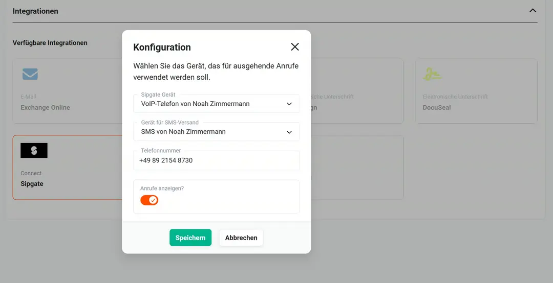 Popup „Konfiguration“ für sipgate: Gerät „VoIP-Telefon von Noah Zimmermann“, Gerät für SMS-Versand „SMS von Noah Zimmermann“, Telefonnummer +49 89 2154 8730, Schalter „Anrufe anzeigen?“ an