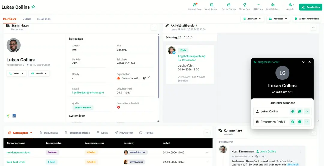 Dashboard des Kontakts Lukas Collins (CEO, Drossmann GmbH, Tel. +49681201501) mit Anruf-Popup „ausgehender Anruf“: Lukas Collins und die Organisation Drossmann GmbH im aktuellen Mandanten, je mit Symbolen für Ansehen, Kommentar und Mehr