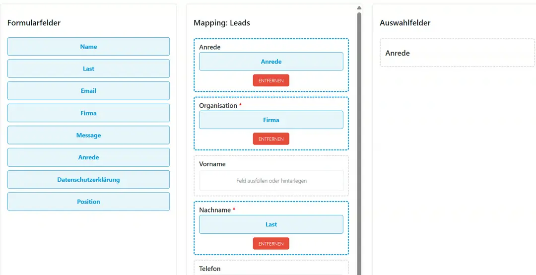 Feldzuordnung im Plugin: links die Formularfelder (Name, Last, Email, Firma, Message, Anrede, Datenschutzerklärung, Position), in der Mitte „Mapping: Leads“ mit Anrede → Anrede, Organisation → Firma und Nachname → Last, rechts die Auswahlfelder