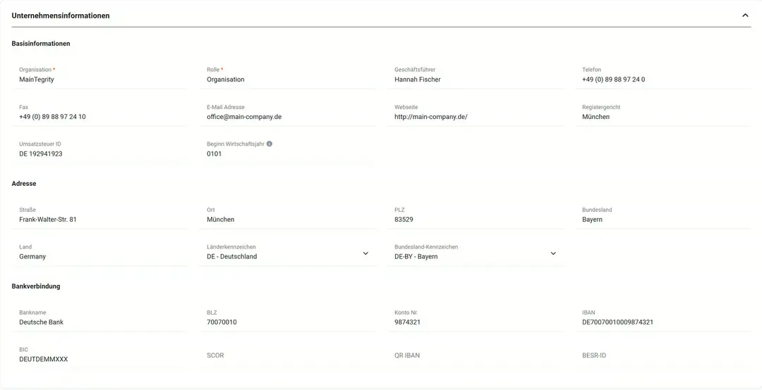 Block „Unternehmensinformationen“ des Mandanten MainTegrity: Basisinformationen mit Geschäftsführer Hannah Fischer und Umsatzsteuer ID DE 192941923, Adresse Frank-Walter-Str. 81, 83529 München mit Länderkennzeichen „DE - Deutschland“, Bankverbindung Deutsche Bank mit IBAN und BIC