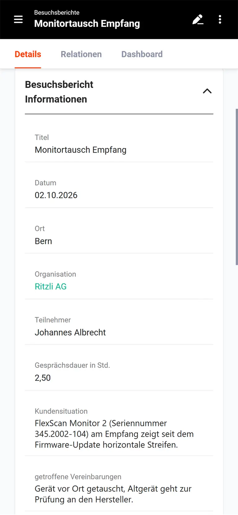 Einsatzbericht auf dem Smartphone mit Gerät, Seriennummer und Vereinbarungen