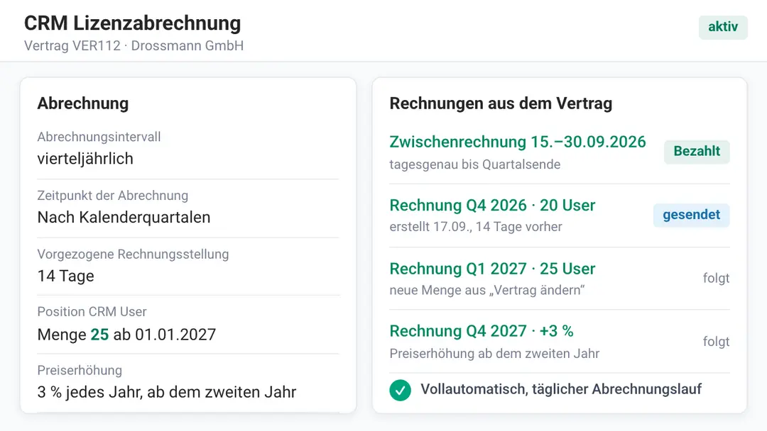 Vertrag mit Zwischenrechnung, vorgezogener Rechnung, Vertragsänderung und automatischer Preiserhöhung
