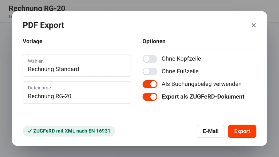Dialog „Als X-Rechnung exportieren“