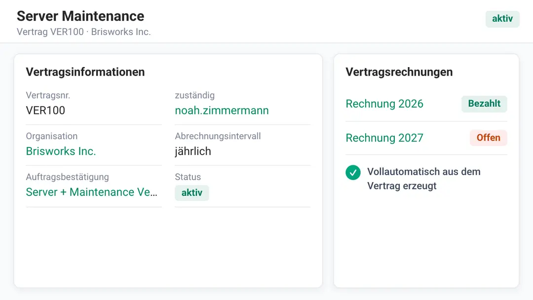 Vertrag mit Abrechnungsintervall, Status und Vertragsrechnungen