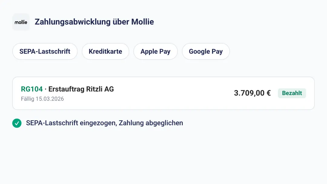 Zahlungseinzug über Mollie mit SEPA-Lastschrift, Kreditkarte, Apple Pay und Google Pay